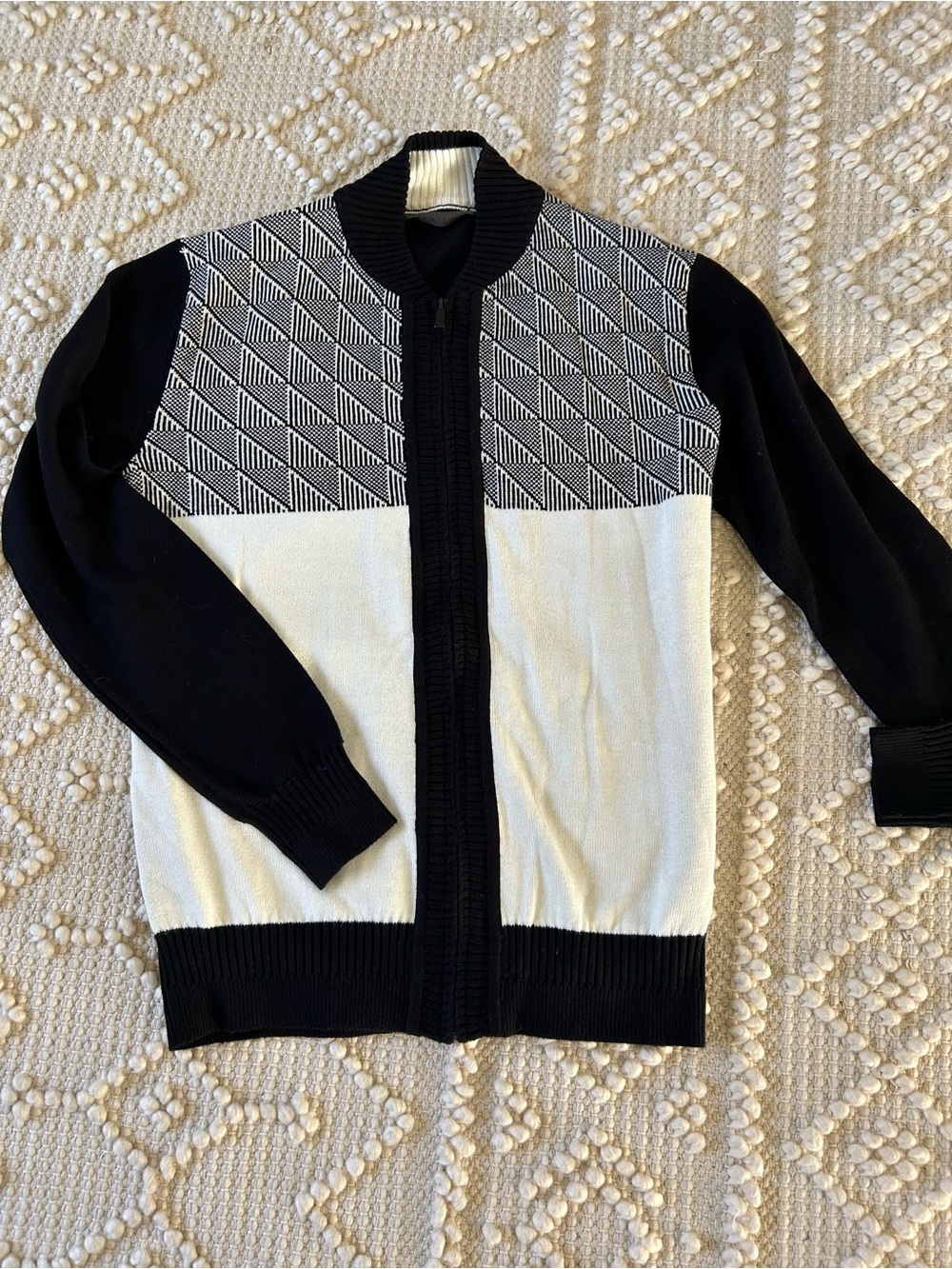 Sean John Black and White Geometric Zip-Up Sweater Cardigan M